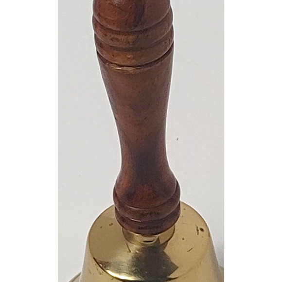 Vintage Brass School Bell Hand Held Wood Handle 8" tall x 4" diameter - Picture 3 of 6